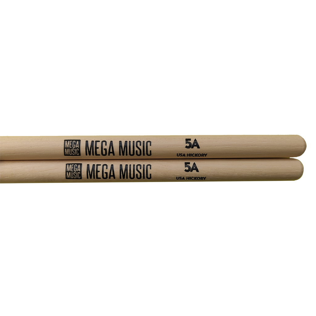 Vic Firth Nova 5A wood tip drumsticks, Mega Music branded, showing the sticks resting on a drum surface with detailed wood grain.