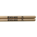Vic Firth Nova 5A wood tip drumsticks, Mega Music branded, showing the sticks resting on a drum surface with detailed wood grain.
