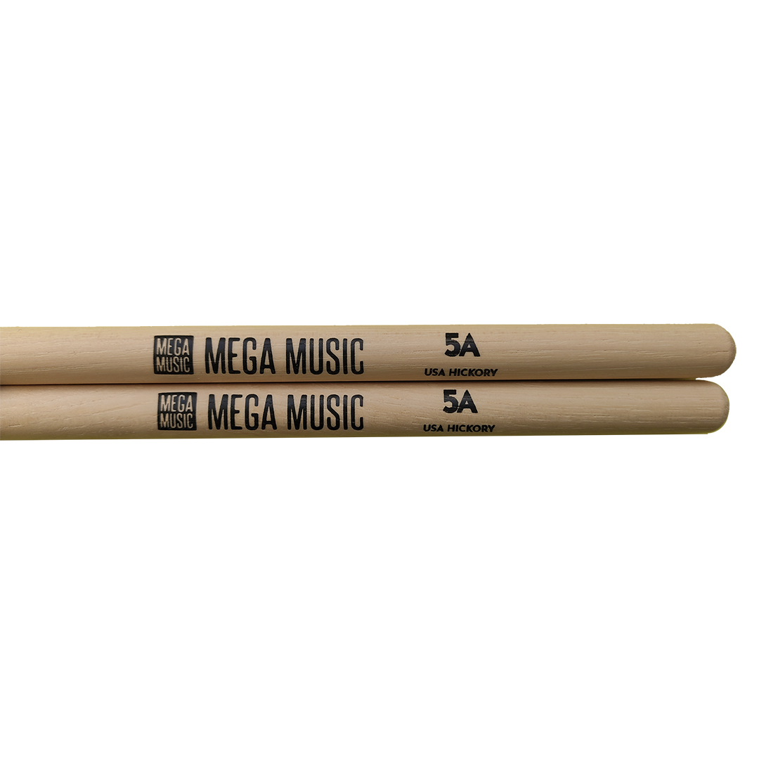 Vic Firth Nova 5A wood tip drumsticks, Mega Music branded, showing the sticks resting on a drum surface with detailed wood grain.