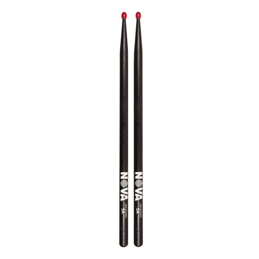 Vic Firth 5AN nylon tip drumsticks in black with NOVA imprint, designed for durability and precise drumming performance.