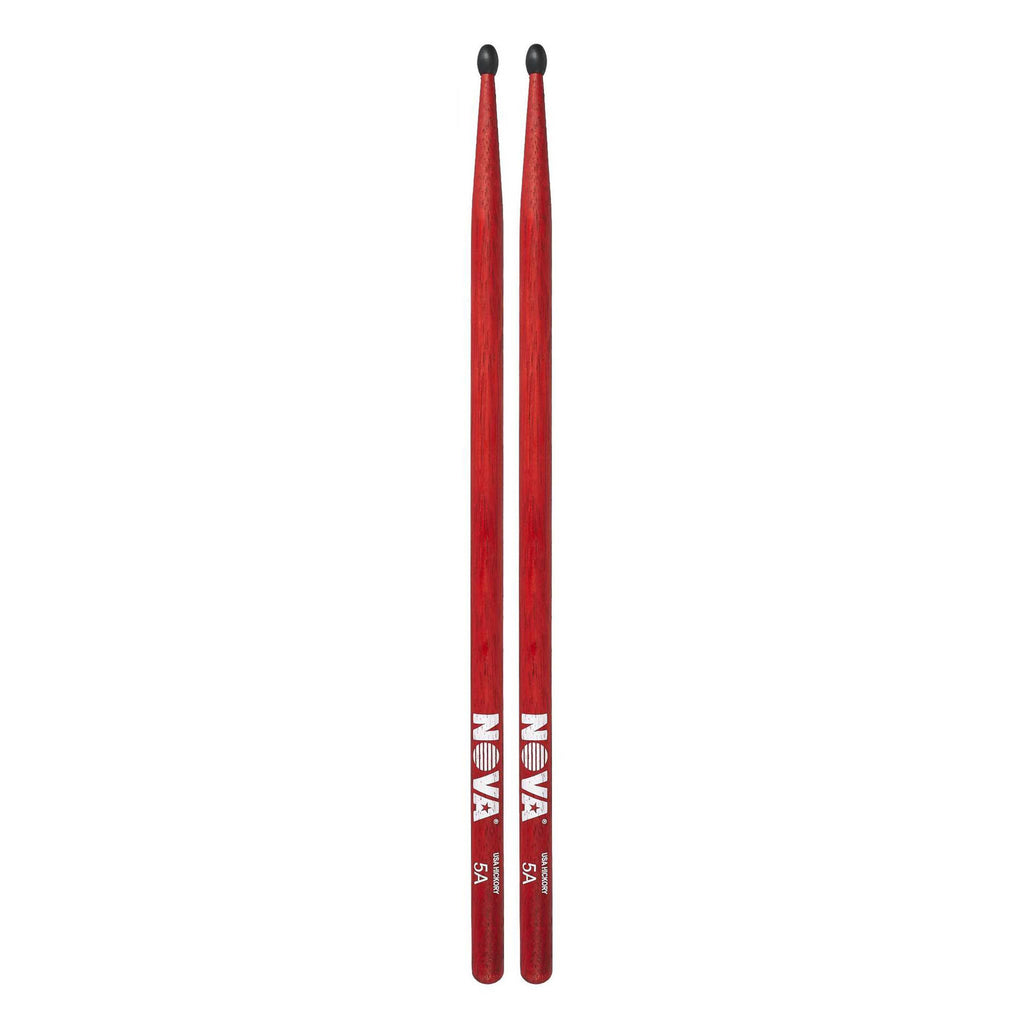 Vic Firth 5AN nylon tip drumsticks in red with NOVA imprint, featuring a standard drumstick shape and smooth finish.