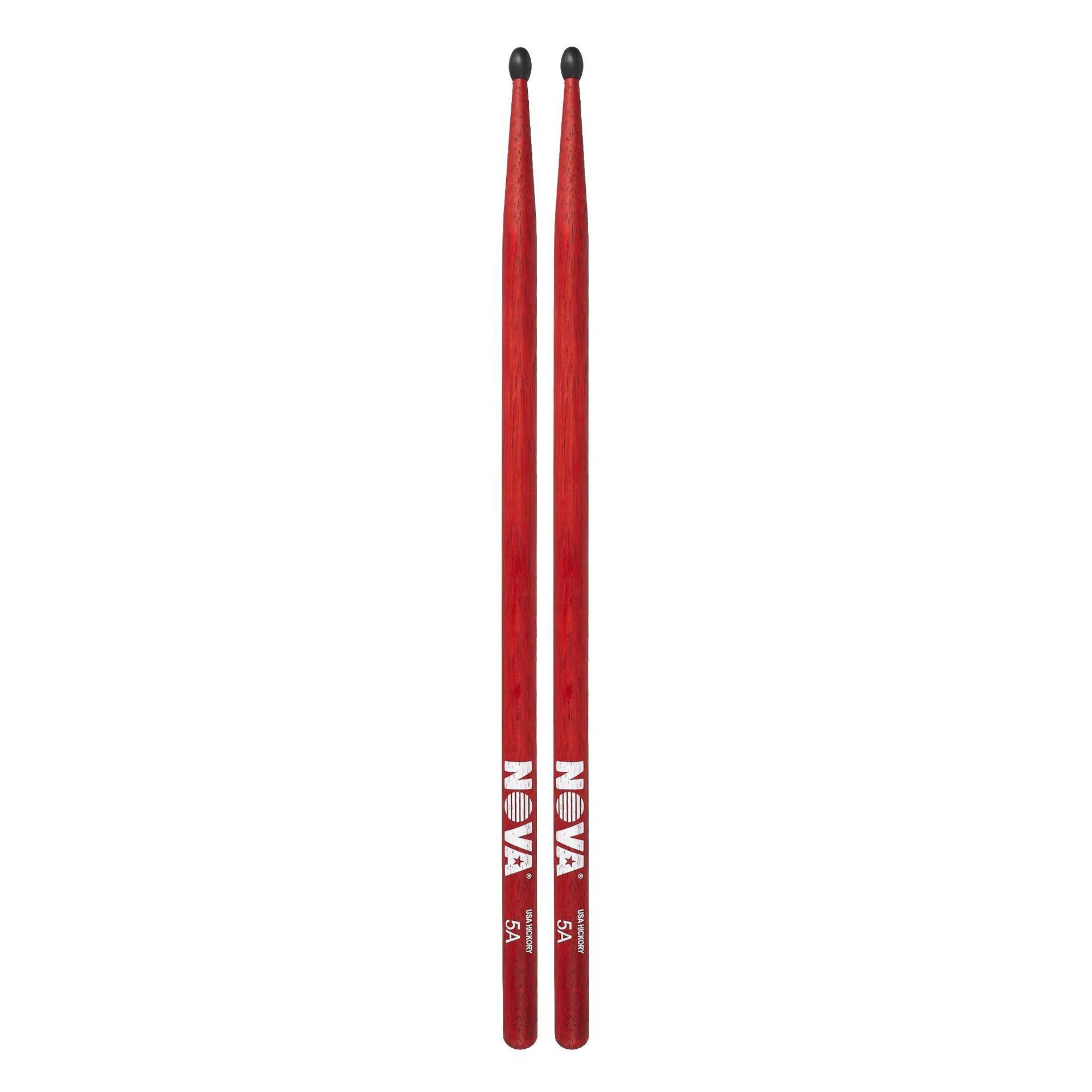 Vic Firth 5AN nylon tip drumsticks in red with NOVA imprint, featuring a standard drumstick shape and smooth finish.