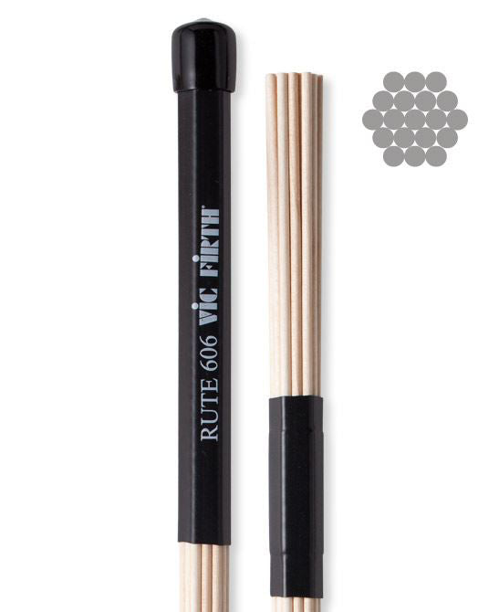 Vic Firth Rutes 606 Birch multi-rod sticks for percussion, shown with multiple thin birch rods in a close-up image.