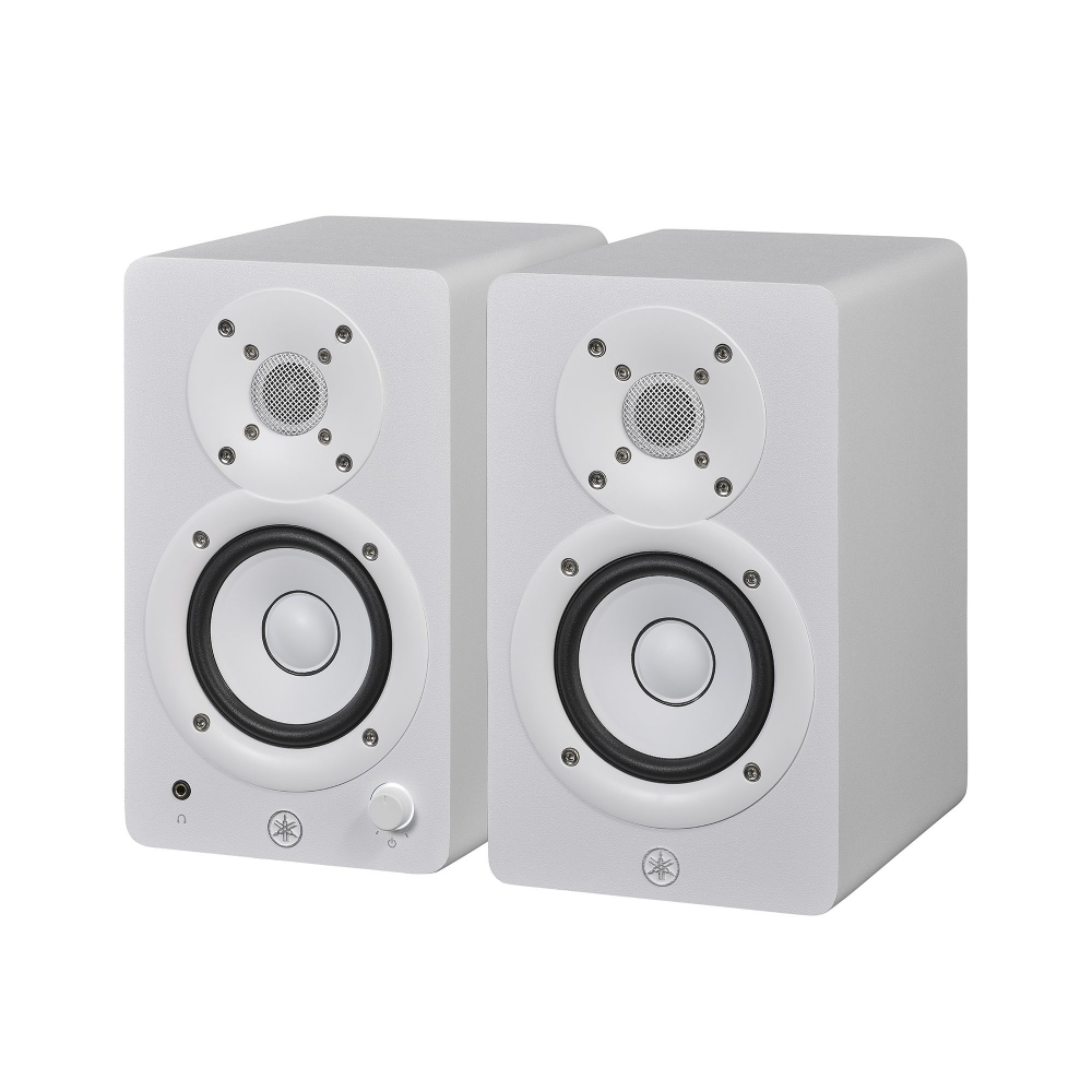 Yamaha HS3 3.5-inch white compact 2-way powered studio monitors with speaker drivers and control panels visible.