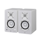 Yamaha HS3 3.5-inch white compact 2-way powered studio monitors with speaker drivers and control panels visible.
