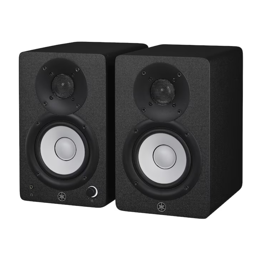 Yamaha HS4 4.5-inch compact 2-way powered studio monitors in black, showing the front view with speaker grille and control panel.