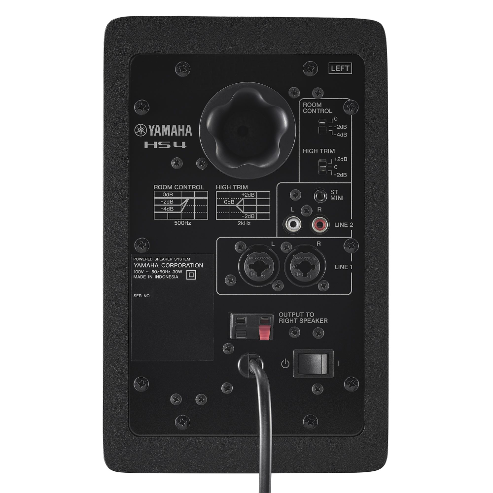 Yamaha HS4 4.5-inch compact 2-way powered studio monitors in black, showing the front view with speaker drivers and controls.