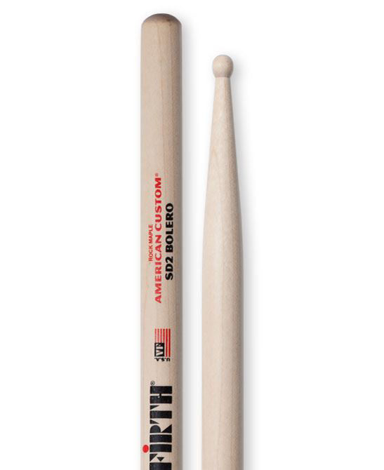Vic Firth American Custom SD2 Bolero wood tip maple drumsticks arranged on a drum set.