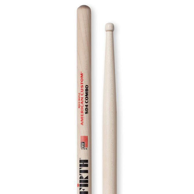 Vic Firth American Custom SD4 maple drumsticks with wood tips, designed for drummers, showing a pair of sticks on a drum set