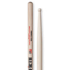 Vic Firth American Custom SD4 maple drumsticks with wood tips, designed for drummers, showing a pair of sticks on a drum set