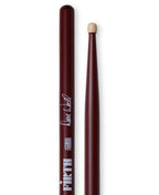Vic Firth Dave Weckl signature wood tip drumsticks arranged on a surface, showcasing their design and branding.