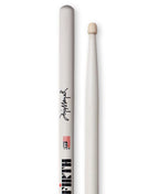 Vic Firth Jojo Mayer signature wood tip drumsticks shown, featuring a natural wood finish and textured grip for drumming performance.