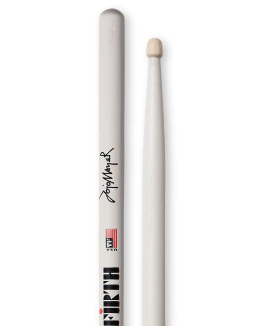 Vic Firth Jojo Mayer signature wood tip drumsticks shown, featuring a natural wood finish and textured grip for drumming performance.