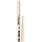 Vic Firth Peter Erskine Signature Ride Stick with wood tip for drumming, displaying the drumsticks with branding and wood tips visible.
