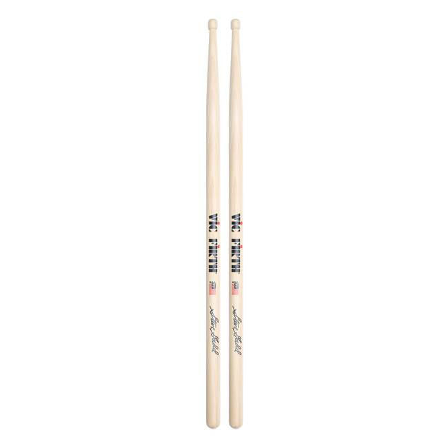 Vic Firth Signature Series Steve Gadd clear finish wood tip drumsticks lying on a drum kit with drum heads and cymbals.
