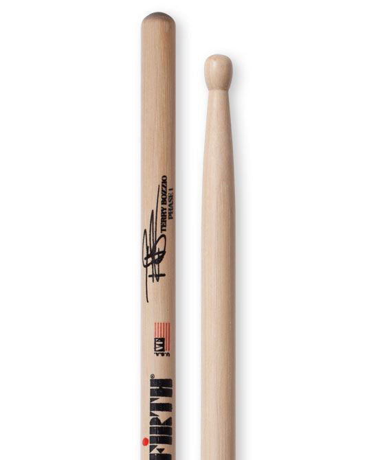 Vic Firth Terry Bozio Signature wood tip drumsticks shown with detailed close-up of sticks for drumming.