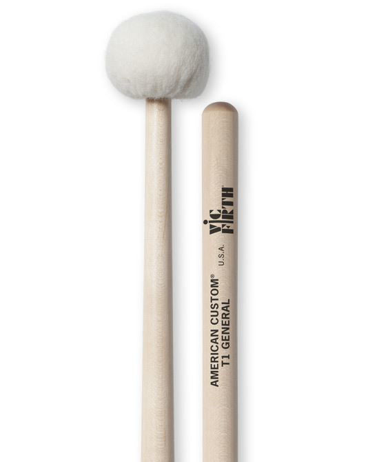 Pair of Vic Firth T1 General Timpani Mallets with wooden handles and felt heads for orchestral percussion.