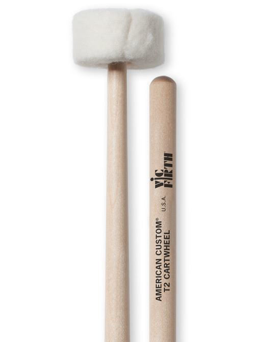 Pair of Vic Firth T2 Cartwheel Timpani Mallets with wooden handles and felt-covered heads for orchestral percussion.
