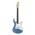 Yamaha Pacifica PAC112J electric guitar in Lake Placid Blue with a solid body and six strings, showcasing its sleek design and finish.