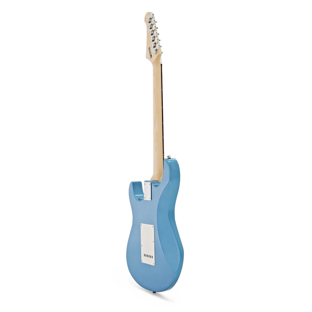 Yamaha Pacifica PAC112J electric guitar in Lake Placid Blue with maple neck and chrome hardware, shown on a stand.