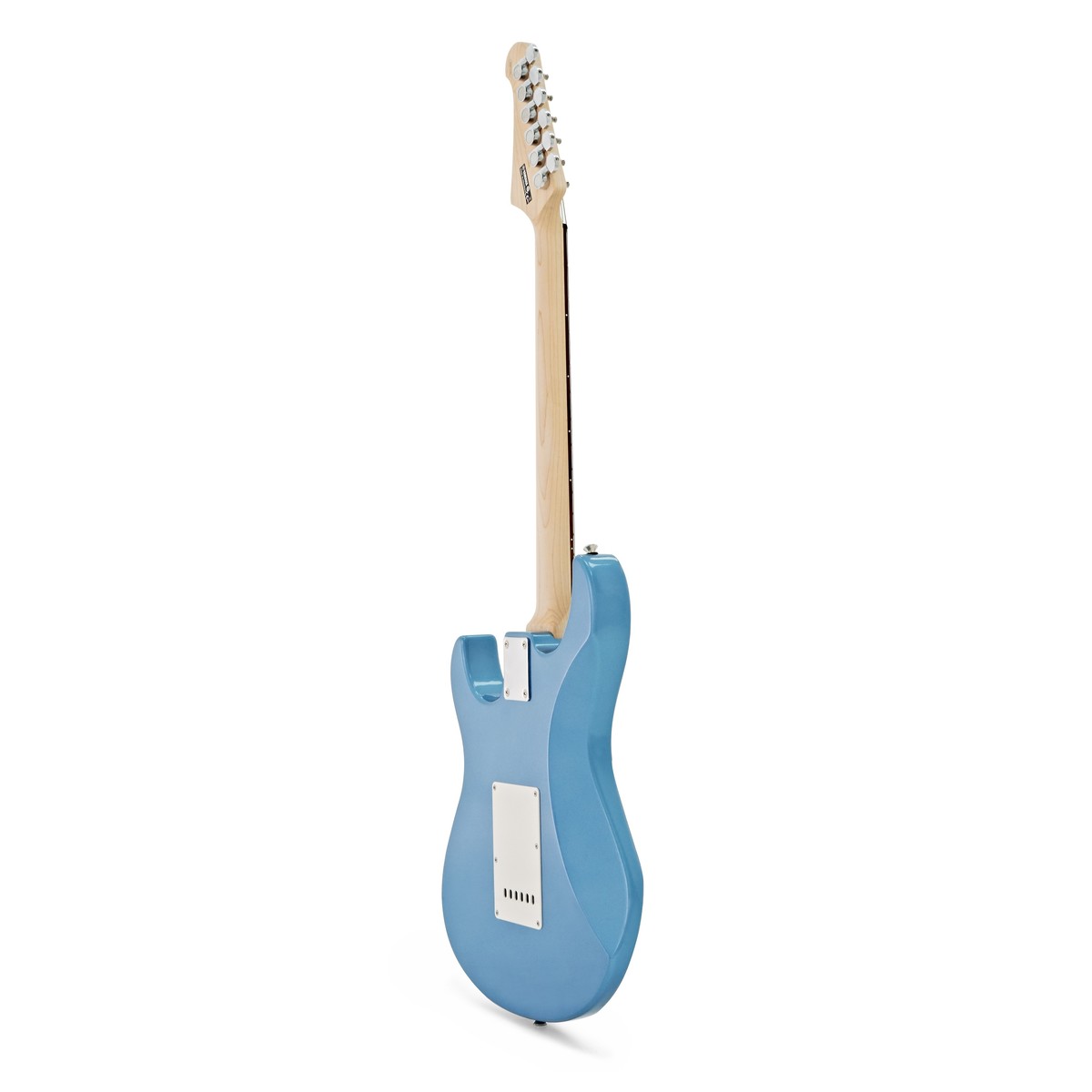 Yamaha Pacifica PAC112J electric guitar in Lake Placid Blue with maple neck and chrome hardware, shown on a stand.