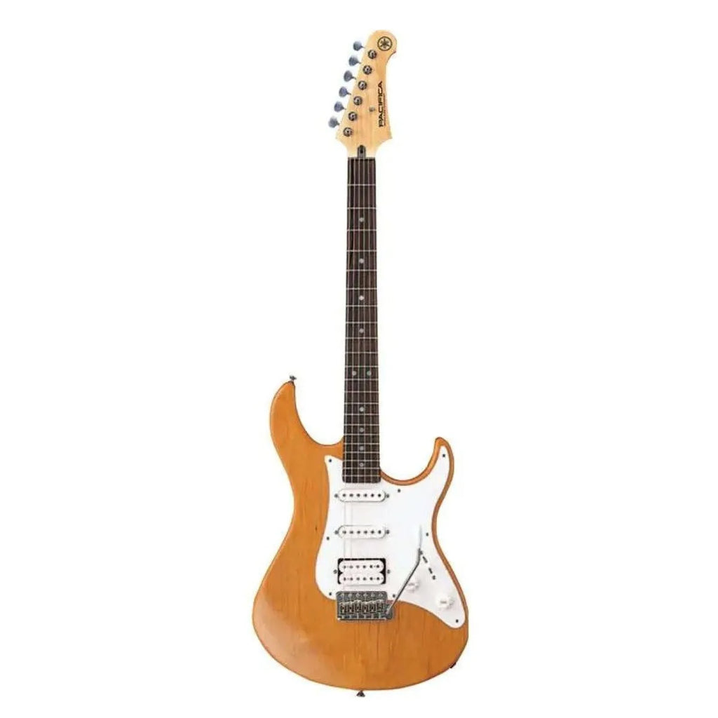 Yamaha Pacifica PAC112J electric guitar in yellow natural satin finish, showing a sleek body and six-string neck.