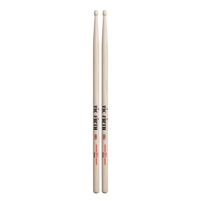 Vic Firth American Classic X55A wood tip drumsticks showing the natural wood finish and branded logo.