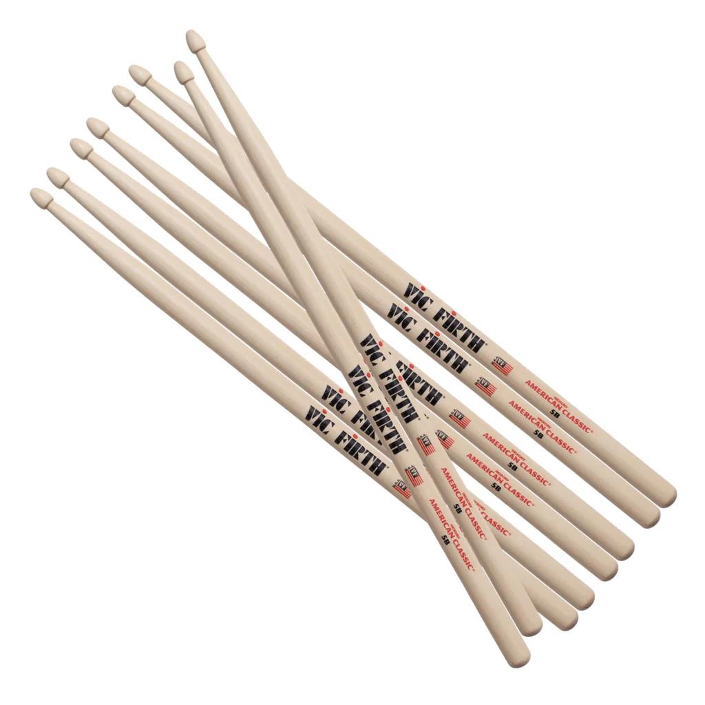 Vic Firth 5B drumsticks promo pack showing three pairs of Vic Firth 5B sticks with a free additional pair.