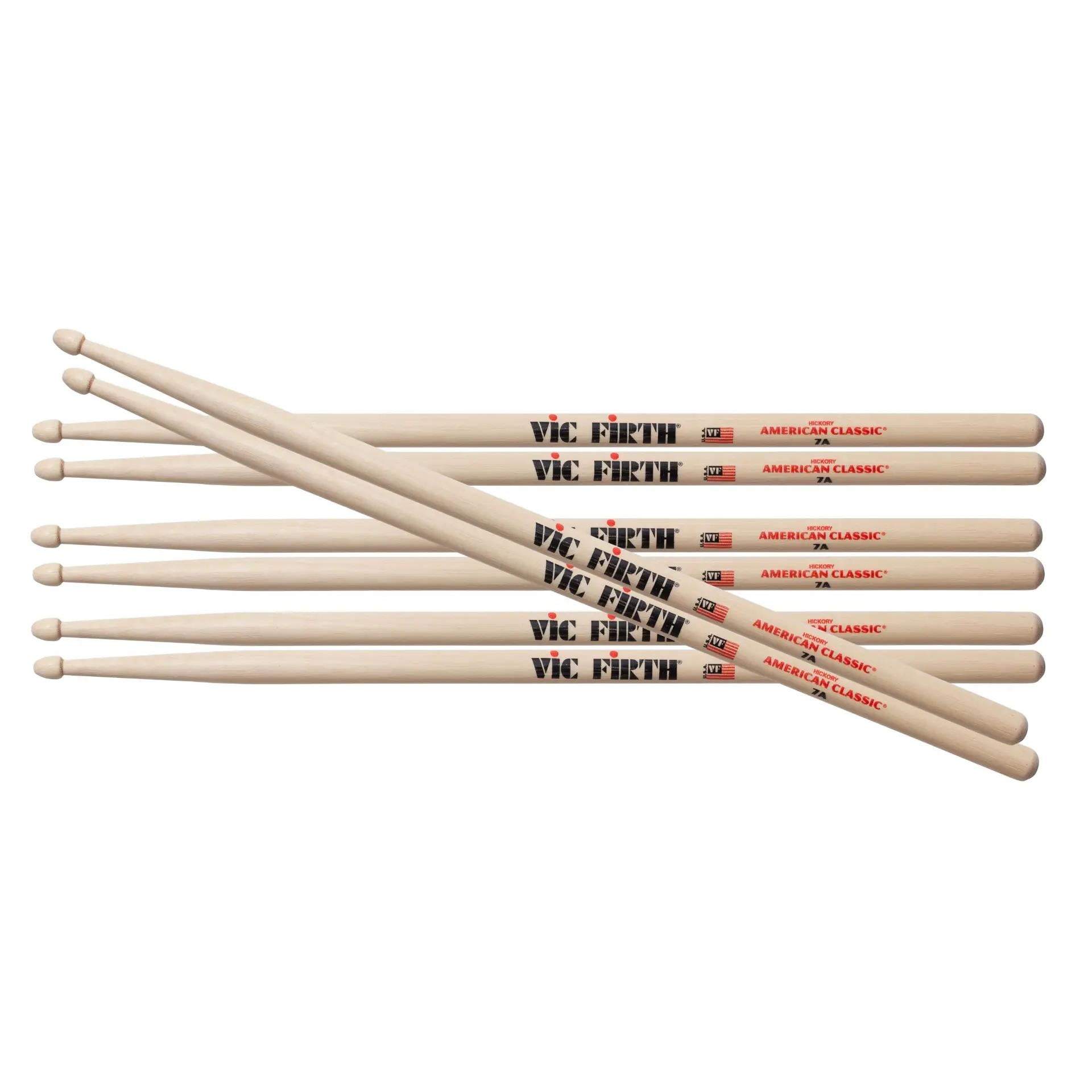 Vic Firth 7A promo pack featuring drumsticks, brushes, mallets, and rods with four pairs in a promotional set.