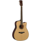 Yamaha TAG3 C Transacoustic acoustic guitar in natural wood finish, showing the body and neck with detailed wood grain.