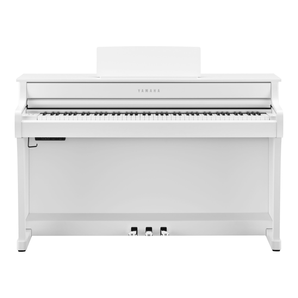 Yamaha Clavinova CLP-835 digital piano in white with premium grand touch keys, detailed keyboard and control panel visible.