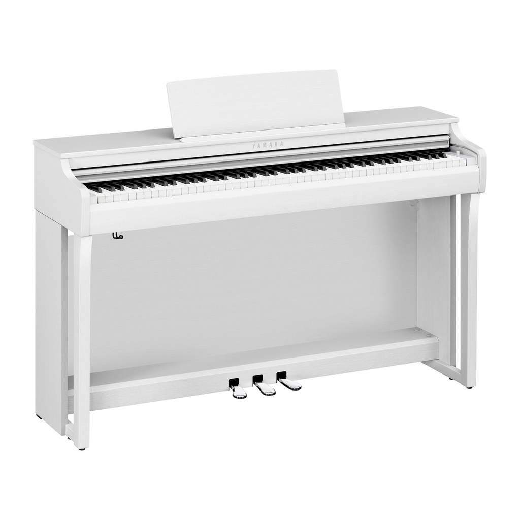 Yamaha Clavinova CLP-825 Premium Grand Touch-S digital piano in white, showing the sleek keyboard and elegant design.