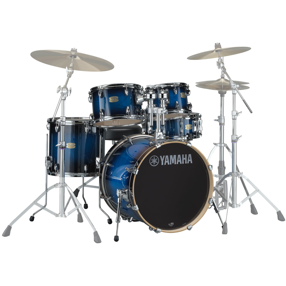 Yamaha Stage Custom Birch Euro 5-piece drum kit in Deep Blue Sunburst with bass drum, toms, snare, and hardware set.