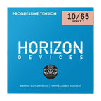 Horizon Devices VHDH7 10-65 heavy 7-string electric guitar strings with progressive tension, shown on the guitar.