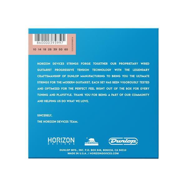 Horizon Devices VHDH7 10-65 heavy 7-string electric guitar strings on a guitar, showing the string set and packaging.