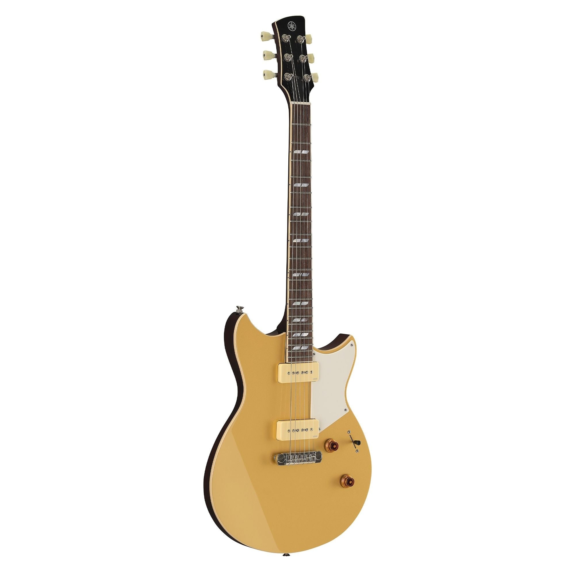 Yamaha Revstar Chris Buck Signature electric guitar in Honey Gold with sleek body and chrome hardware, showcasing its stylish design.