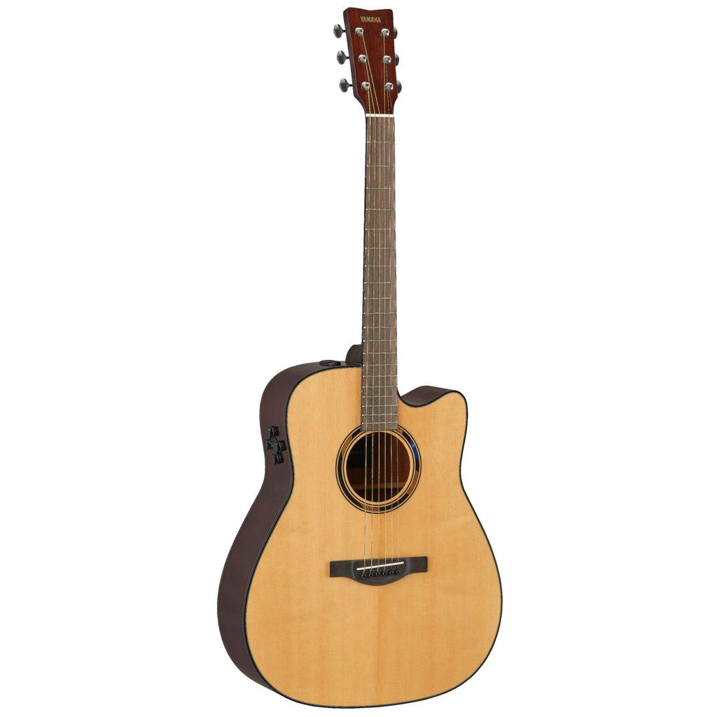 Yamaha TAG1CNT C Transacoustic acoustic guitar in natural gloss with a polished wood finish and six strings, front view.