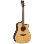 Yamaha TAG1CNT C Transacoustic acoustic guitar in natural gloss with a polished wood finish and six strings, front view.
