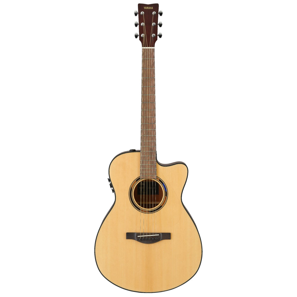 Yamaha TAS1CNT C Transacoustic acoustic guitar with natural gloss finish, showcasing a full-body view and guitar details.