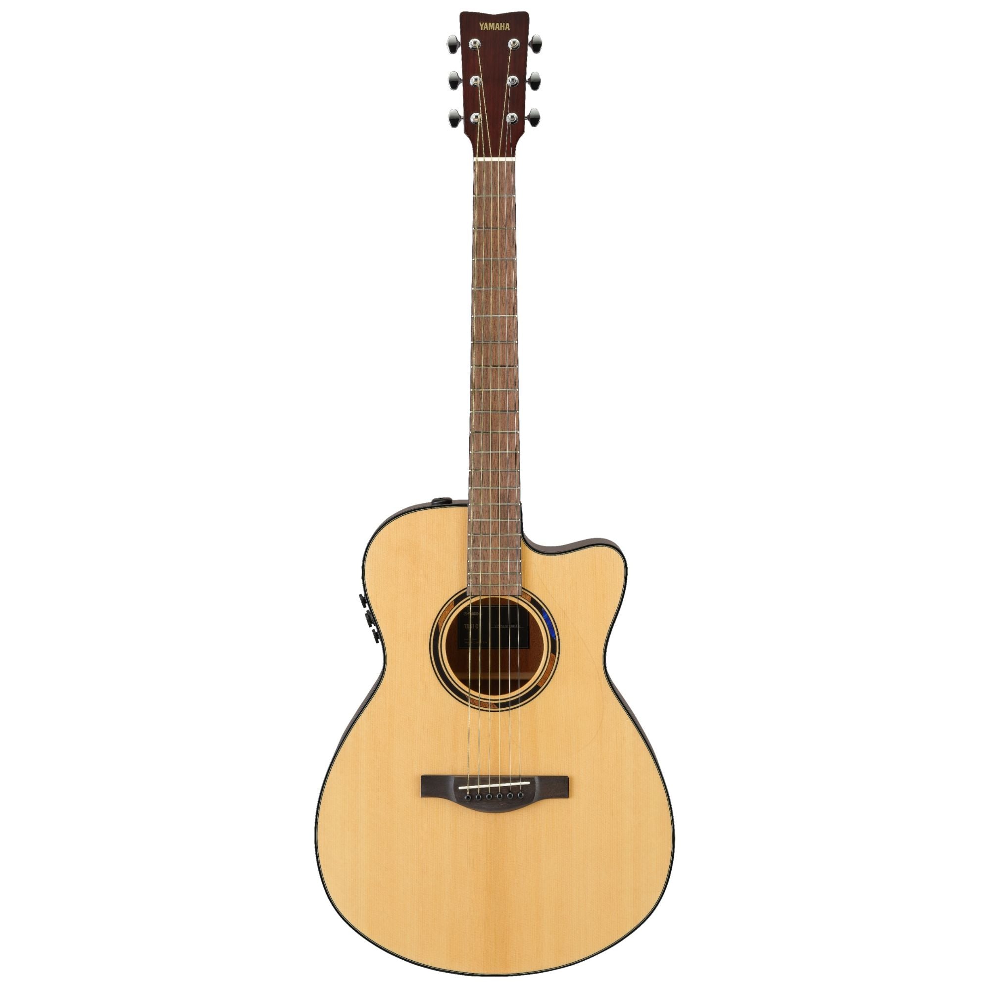 Yamaha TAS1CNT C Transacoustic acoustic guitar with natural gloss finish, showcasing a full-body view and guitar details.