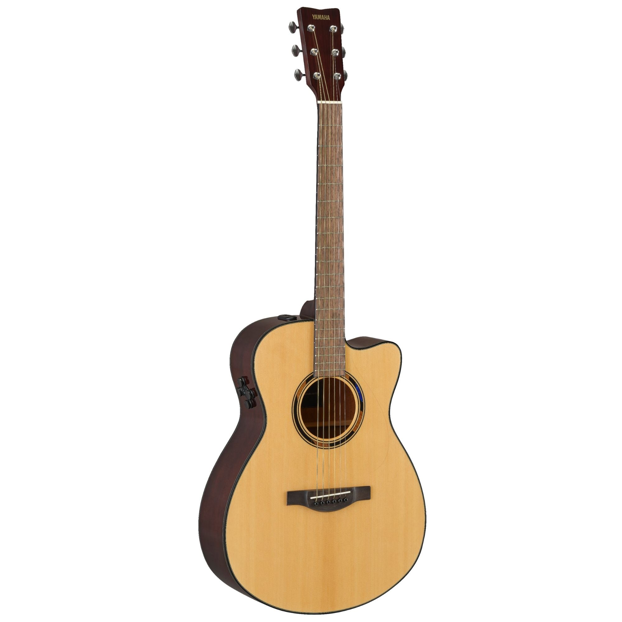 Yamaha TAS1CNT C Transacoustic acoustic guitar in natural gloss finish, showcasing its body, fretboard, and tuning pegs.