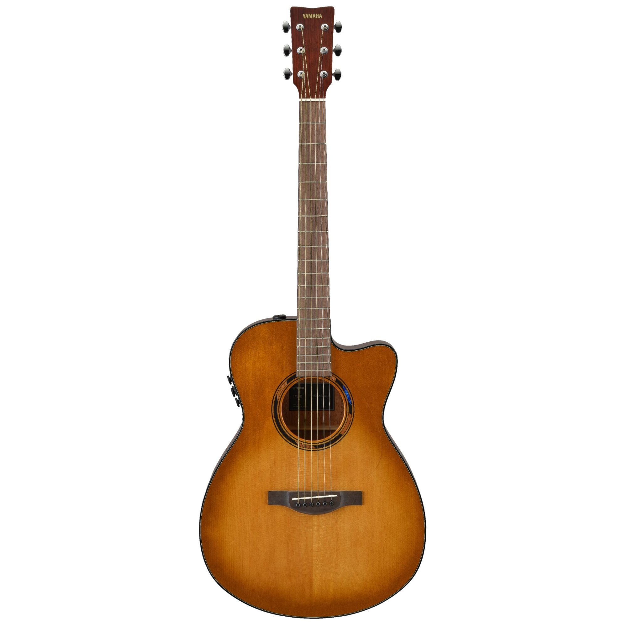 Yamaha TAS1CSB C Transacoustic acoustic guitar in Sand Burst Gloss with a cutaway body and natural wood finish.