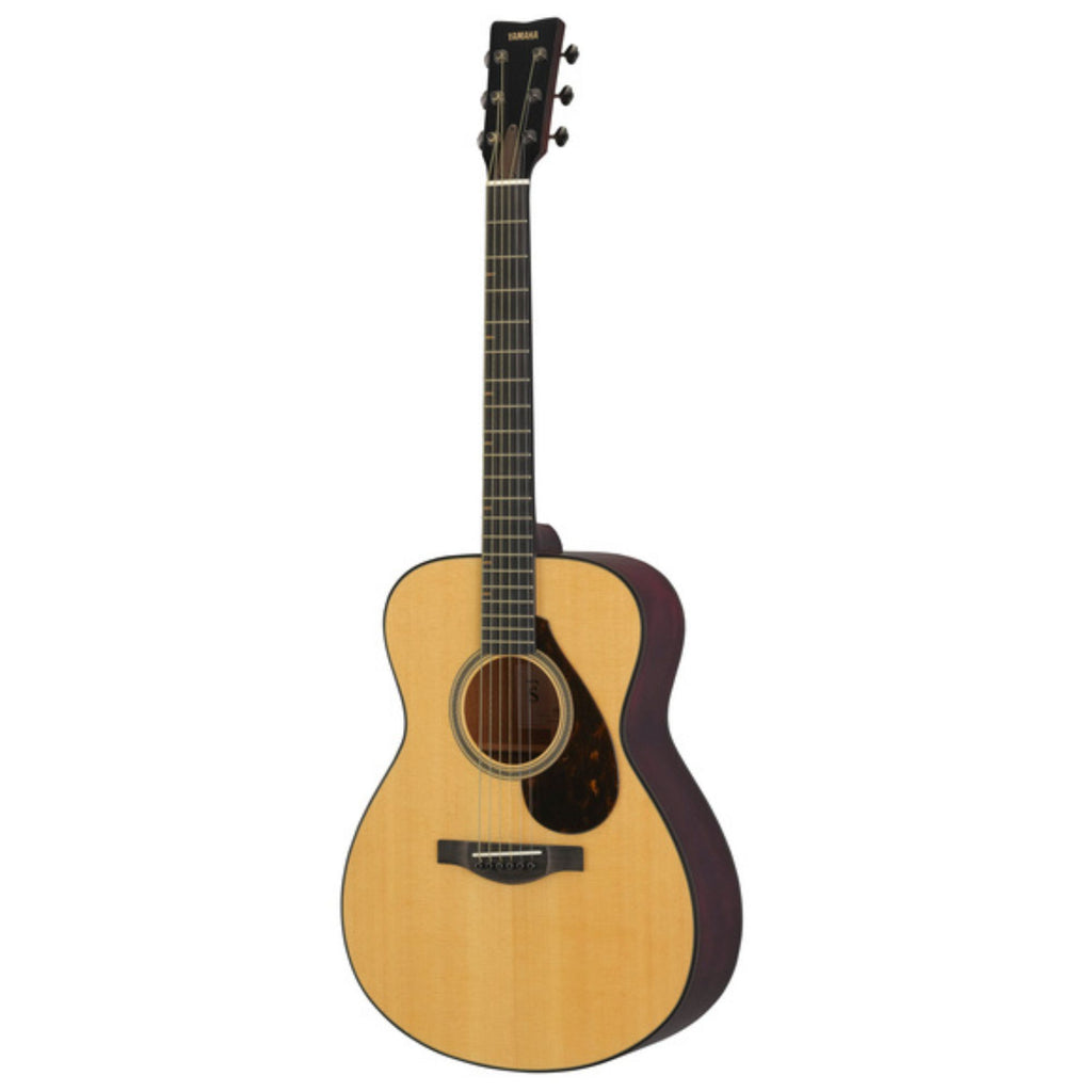 Yamaha FS7 M acoustic guitar with natural finish, six-string steel-string guitar, close-up of body and fretboard.