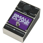 Electro-Harmonix Small Clone guitar effects pedal with control knobs and footswitch on a black pedalboard.