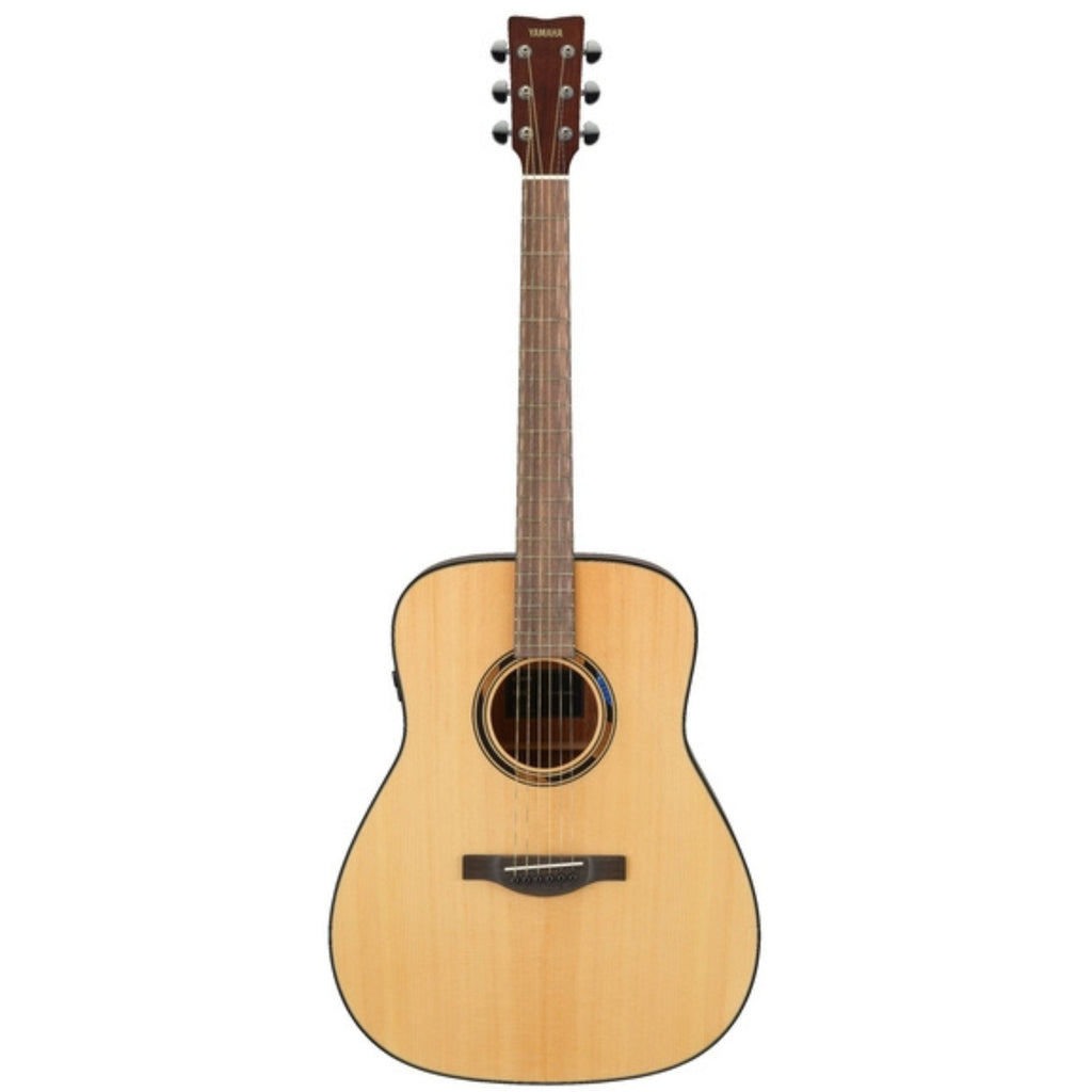 Yamaha TAG1ENT Transacoustic guitar in natural gloss, acoustic guitar with a wooden body and six strings on a stand.