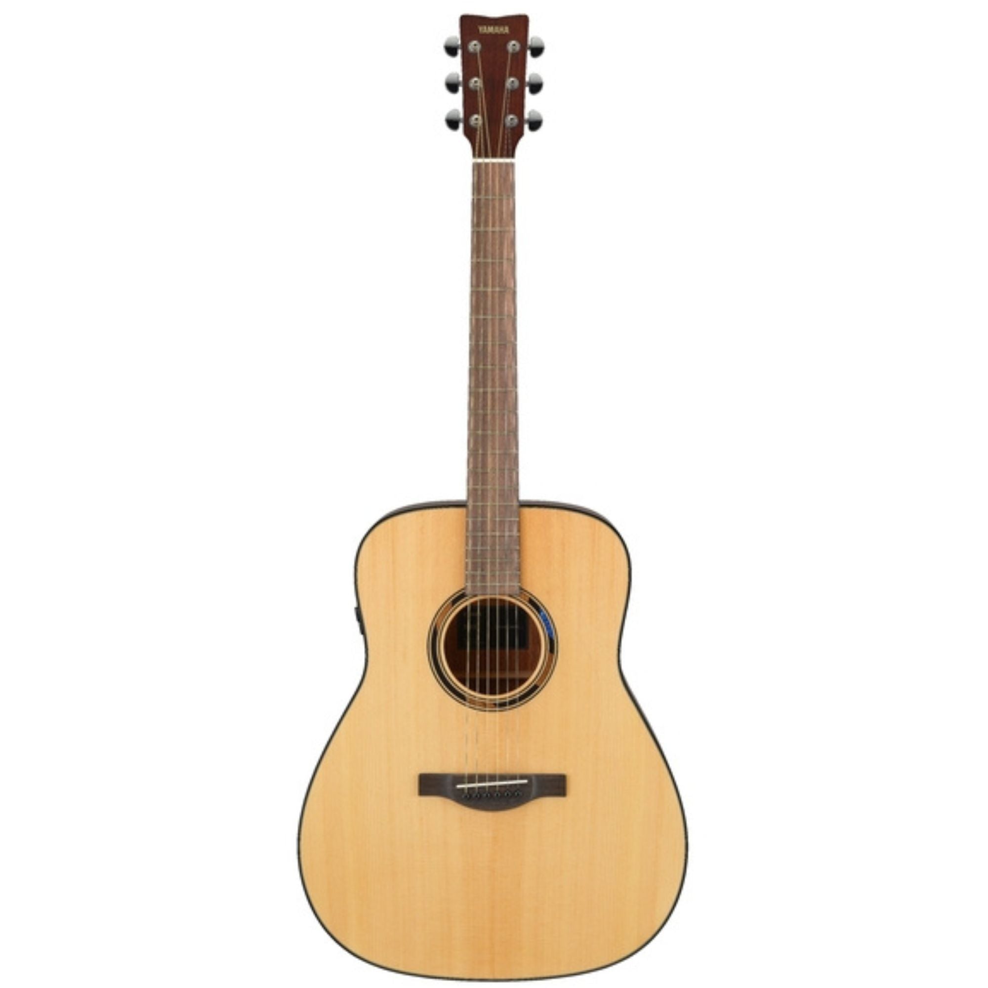 Yamaha TAG1ENT Transacoustic guitar in natural gloss, acoustic guitar with a wooden body and six strings on a stand.