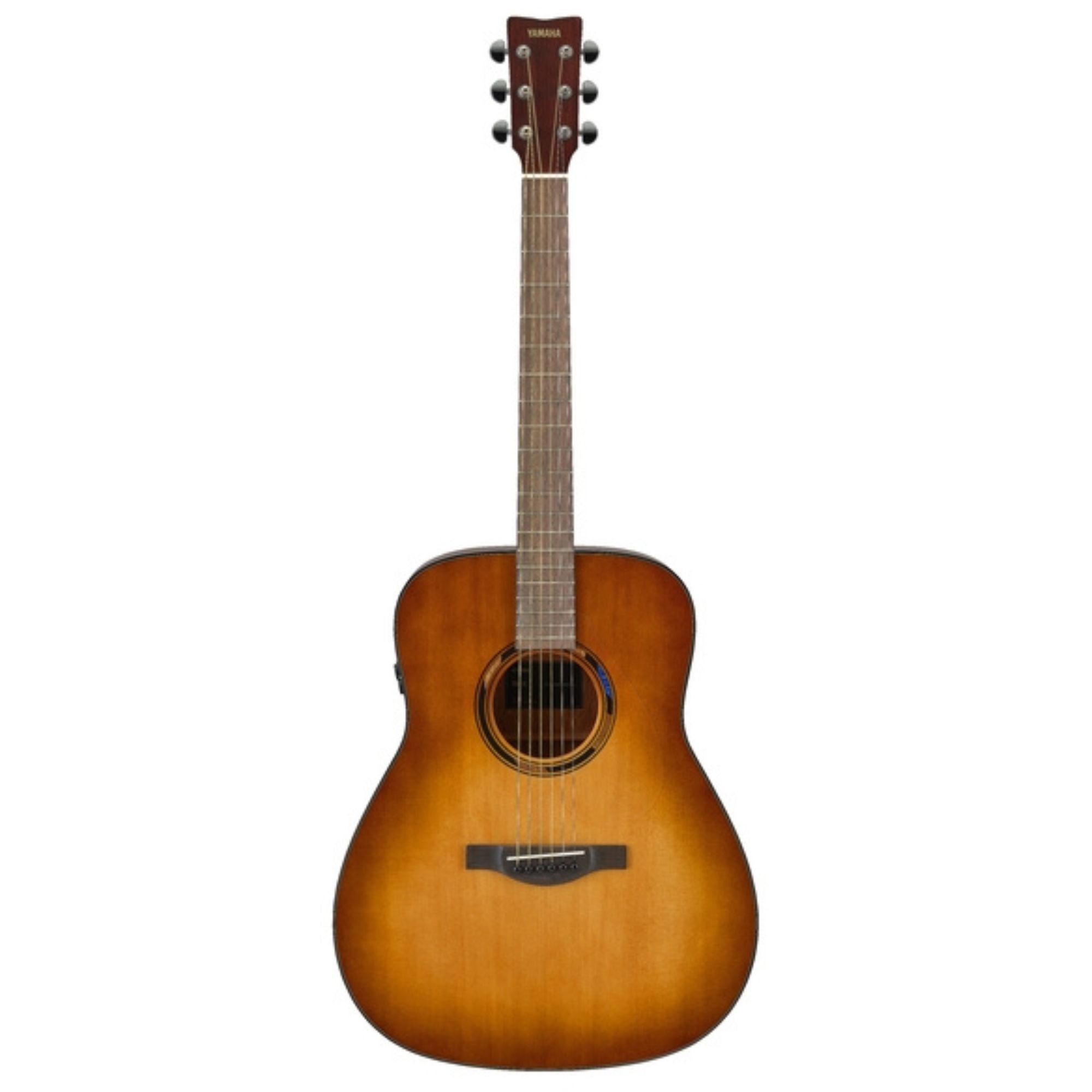 Yamaha TAG1ESB Transacoustic acoustic guitar in Sand Burst gloss finish, showcasing its body and detailed craftsmanship.