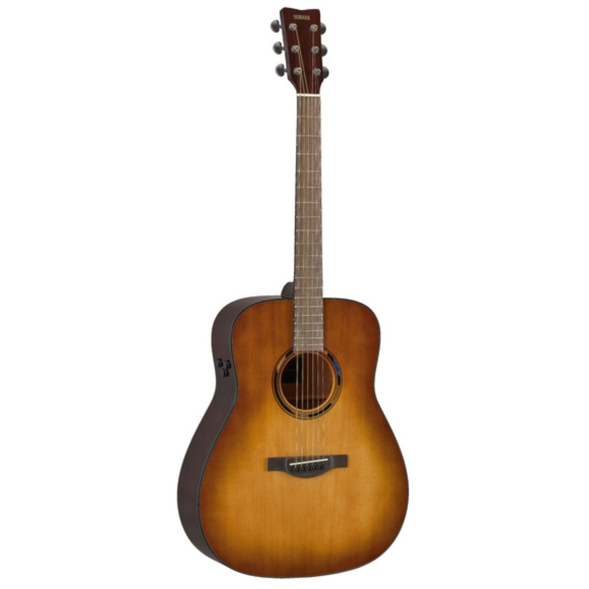 Yamaha TAG1ESB Transacoustic acoustic guitar in Sand Burst Gloss with a cutaway body and built-in effects, displayed on a stand.