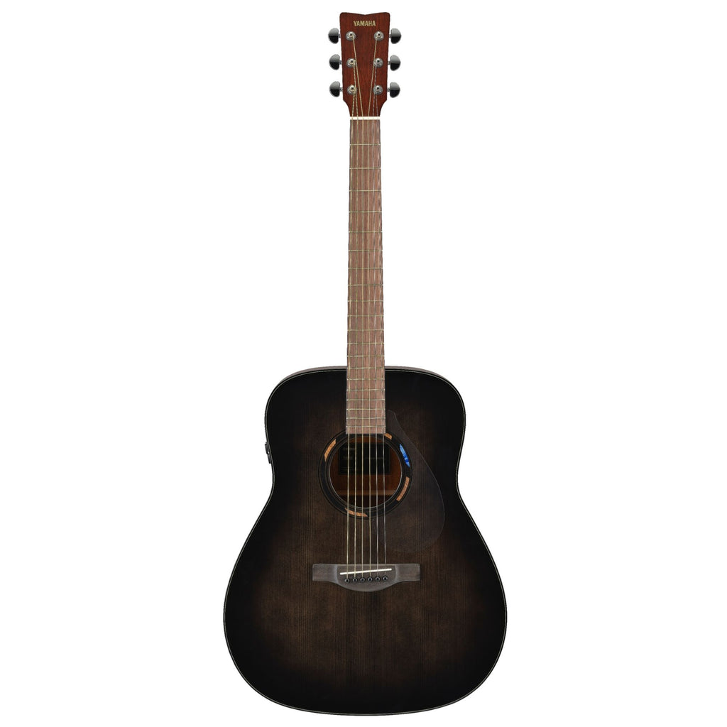 Yamaha TAG1ETB Transacoustic acoustic guitar with translucent black gloss finish, showing the body and soundhole details.