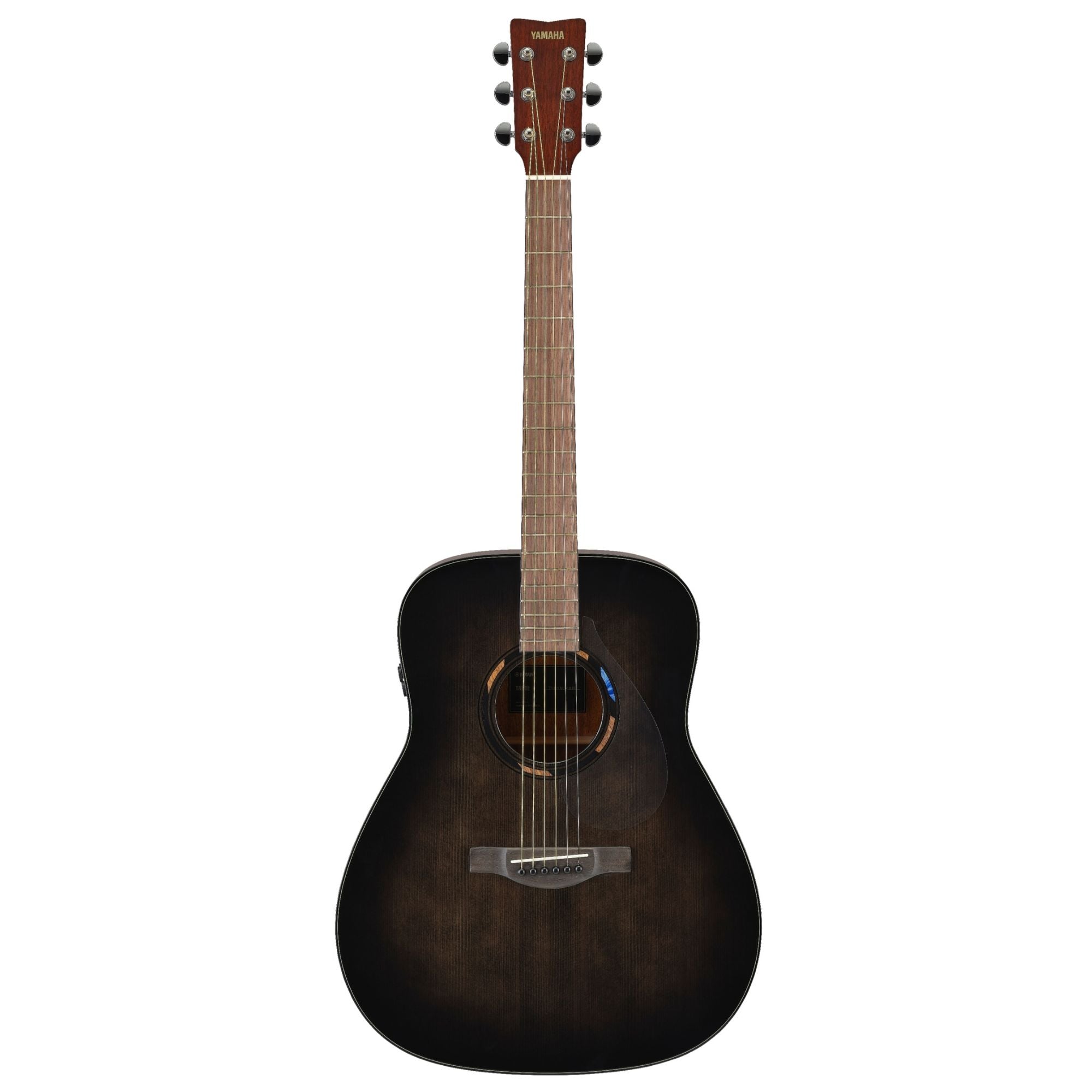 Yamaha TAG1ETB Transacoustic acoustic guitar with translucent black gloss finish, showing the body and soundhole details.